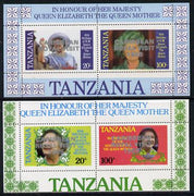 Tanzania 1985 Life & Times of HM Queen Mother perf proof set of 2 m/sheets each with 'Caribbean Royal Visit 1985' opt in silver (unissued) unmounted mint