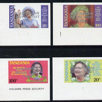 Tanzania 1985 Life & Times of HM Queen Mother imperf proof set of 4 each with 'Caribbean Royal Visit 1985' opt in silver (unissued) unmounted mint*
