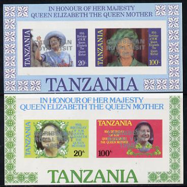 Tanzania 1985 Life & Times of HM Queen Mother imperf proof set of 2 m/sheets each with 'Caribbean Royal Visit 1985' opt in silver (unissued) unmounted mint