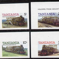 Tanzania 1985 Locomotives imperf proof set of 4 each with 'Caribbean Royal Visit 1985' opt in gold (unissued) unmounted mint