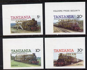 Tanzania 1985 Locomotives imperf proof set of 4 each with 'Caribbean Royal Visit 1985' opt in gold (unissued) unmounted mint