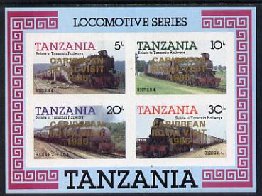 Tanzania 1985 Locomotives imperf proof miniature sheet with 'Caribbean Royal Visit 1985' opt in gold (unissued) unmounted mint