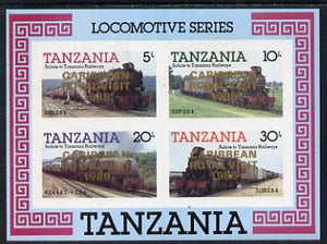Tanzania 1985 Locomotives imperf proof miniature sheet with 'Caribbean Royal Visit 1985' opt in gold (unissued) unmounted mint