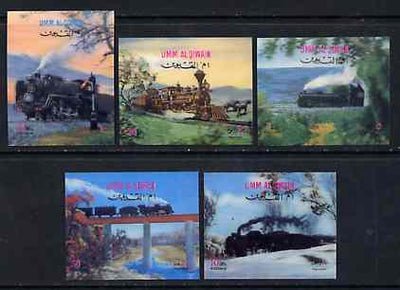 Umm Al Qiwain 1972 Steam Locomotives set of 5 in 3-dimensional format on plastic card unmounted mint, Mi 503-07
