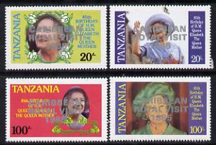 Tanzania 1985 Life & Times of HM Queen Mother perf proof set of 4 each with 'Caribbean Royal Visit 1985' opt in silver (unissued) unmounted mint*