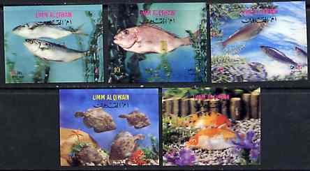 Umm Al Qiwain 1972 Fishes set of 5 in 3-dimensional format on plastic card unmounted mint, Mi 690-94