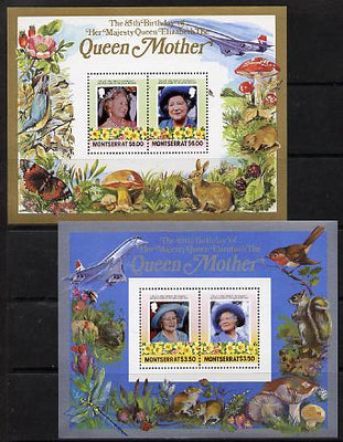 Montserrat 1985 Life & Times of HM Queen Mother the set of 2 m/sheets containing 2 x $3.50 and 2 x $6 values (depicts Concorde, Fungi, Butterflies, Birds & Animals) unmounted mint