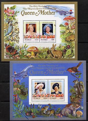 Tuvalu 1985 Life & Times of HM Queen Mother (Leaders of the World) the set of 2 m/sheets containing 2 x $2 and 2 x $3 values (depicts Concorde, Fungi, Butterflies, Birds & Animals) unmounted mint
