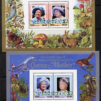 St Vincent - Bequia 1985 Life & Times of HM Queen Mother the set of 2 m/sheets containing 2 x $3.50 and 2 x $6 values (depicts Concorde, Fungi, Butterflies, Birds & Animals) unmounted mint