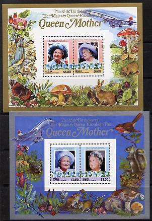 St Vincent - Bequia 1985 Life & Times of HM Queen Mother the set of 2 m/sheets containing 2 x $3.50 and 2 x $6 values (depicts Concorde, Fungi, Butterflies, Birds & Animals) unmounted mint