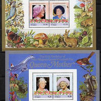 Tuvalu - Nukulaelae 1985 Life & Times of HM Queen Mother (Leaders of the World) the set of 2 m/sheets containing 2 x $1.20 and 2 x $3.50 values (depicts Concorde, Fungi, Butterflies, Birds & Animals) unmounted mint