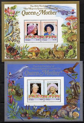 Tuvalu - Nukulaelae 1985 Life & Times of HM Queen Mother (Leaders of the World) the set of 2 m/sheets containing 2 x $1.20 and 2 x $3.50 values (depicts Concorde, Fungi, Butterflies, Birds & Animals) unmounted mint