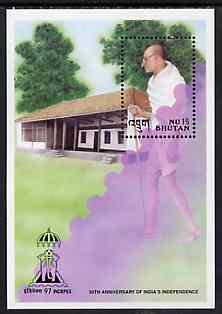 Bhutan 1997 50th Anniversary of India's Independence m/sheet containing 15nu stamp showing Gandhi, with Indpex imprint unmounted mint