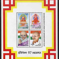 Bhutan 1997 50th Anniversary of India's Independence m/sheet containing 4 values showing Buddha & Gandhi, with Indpex imprint unmounted mint