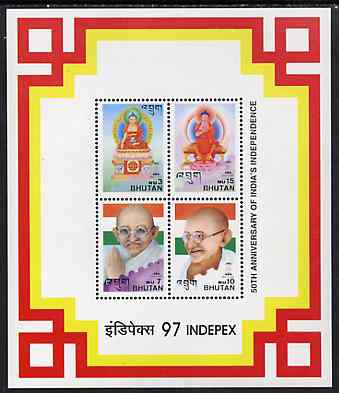 Bhutan 1997 50th Anniversary of India's Independence m/sheet containing 4 values showing Buddha & Gandhi, with Indpex imprint unmounted mint
