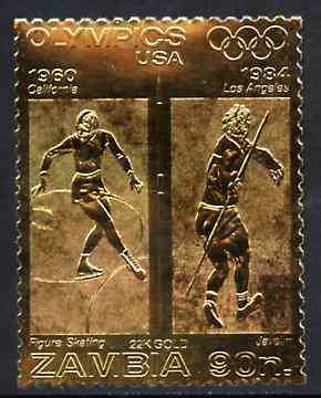 Zambia 1984 Los Angeles Olympic Games 90n perf embossed in 22k gold foil showing Figure Skating & Javelin unmounted mint