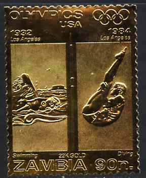 Zambia 1984 Los Angeles Olympic Games 90n perf embossed in 22k gold foil showing Swimming & Diving unmounted mint