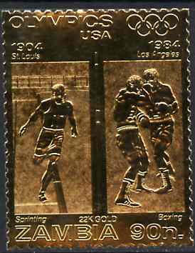 Zambia 1984 Los Angeles Olympic Games 90n perf embossed in 22k gold foil showing Sprinting & Boxing unmounted mint