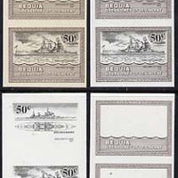 St Vincent - Bequia 1985 Warships of World War 2, 50c HMS Duke of York unmounted mint set of 4 imperf se-tenant progressive proof pairs comprising printings of brown, black, brown & black plus brown & black with buff background (u……Details Below