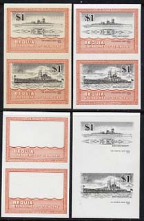 St Vincent - Bequia 1985 Warships of World War 2, $1 KM Admiral Graf Spee unmounted mint set of 4 imperf se-tenant progressive proof pairs comprising printings of orange, black, orange & black plus orange & black with buff backgro……Details Below