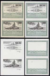 St Vincent - Bequia 1985 Warships of World War 2, $1.50 USS Nevada unmounted mint set of 4 imperf se-tenant progressive proof pairs comprising printings of green, black, green & black plus green & black with buff background (unvar……Details Below