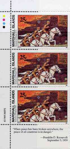 Marshall Islands 1989 History of Second World War (#01) 25c Cavalry & Tanks, unmounted mint strip of 3 with Roosevelt quotation in margin, SG 248