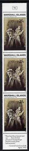 Marshall Islands 1990 History of Second World War (#06) 25c Bound Hands & grave, unmounted mint strip of 3 with Gen Gersdorff quotation in margin, SG 322