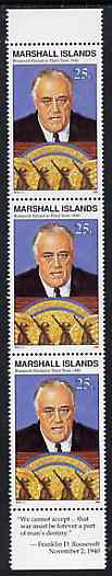 Marshall Islands 1990 History of Second World War (#16) 25c Roosevelt, unmounted mint strip of 3 with Roosevelt quotation in margin, SG 340