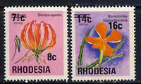 Rhodesia 1974 Surcharged 8c on 7.5c (Lily) & 16c on 14c (Pimpernel) unmounted mint, SG 526-27*