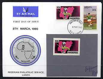Nigeria 1980 African Cup of Nations Football imperf stamp-sized machine proof of 10k value (Cup) mounted on small grey card endorsed 'Approval', a superb exhibition item almost certainly UNIQUE (plus First Day Cover showing issued stamps)