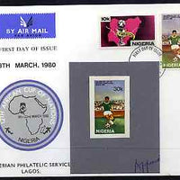 Nigeria 1980 African Cup of Nations Football imperf stamp-sized machine proof of 30k value (Footballer) mounted on small grey card endorsed 'Approval', a superb exhibition item almost certainly UNIQUE (plus First Day Cover showing issued stamps)
