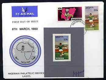 Nigeria 1980 African Cup of Nations Football imperf stamp-sized machine proof of 30k value (Footballer) mounted on small grey card endorsed 'Approval', a superb exhibition item almost certainly UNIQUE (plus First Day Cover showing issued stamps)