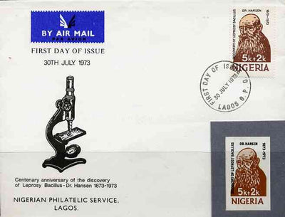 Nigeria 1973 Centenary of Discovery of Leprocy Bacillus imperf stamp-sized machine proof of 5k + 2k value mounted on small grey card as submitted for approval, similar to issued stamp but lettering is larger, a superb exhibition i……Details Below