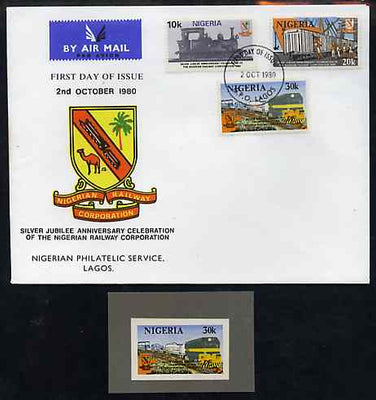 Nigeria 1980 25th Anniversary of Railway Corporation imperf stamp-sized machine proof of 30k value (Freight Train) mounted on small grey card as submitted for approval, a superb exhibition item almost certainly UNIQUE (plus First ……Details Below