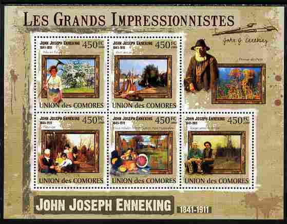 Comoro Islands 2009 The Impressionists - John Joseph Enneking perf sheetlet containing 5 values unmounted mint