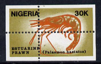 Nigeria 1988 Shrimps 30k unmounted mint single with superb misplacement of vertical & horiz perfs (divided along margins so stamp is quartered)*
