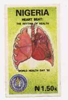 Nigeria 1992 World Health Day (Heart) imperf stamp-sized machine proof of 1n50 value mounted on card as submitted for approval,,reverse shows handstamp snd signsture of approval of Deputy Postmaster General, a superb and UNIQUE exhibition item (as SG 627)
