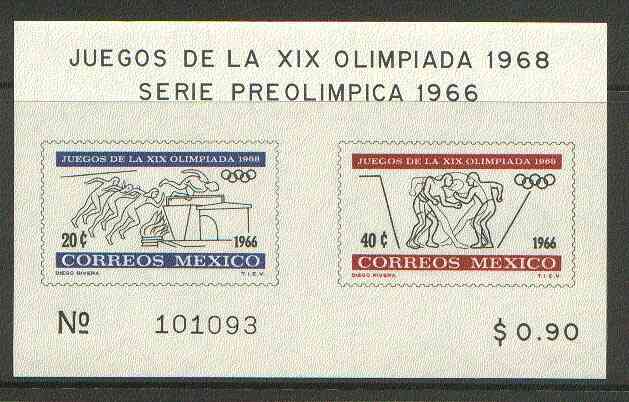 Mexico 1965 Olympic Games (2nd Issue - Postage) imperf m/sheet showing Running & Jumping & Wrestling, unmounted mint SG MS 1123