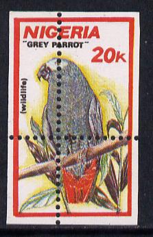 Nigeria 1990 Wildlife - Grey Parrot 20k unmounted mint with horiz & vert perfs misplaced (divided along margins so stamp is quartered)*