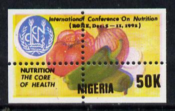 Nigeria 1992 Conference on Nutrition - 50k (Fruit & Vegetables) unmounted mint with vert & horiz perfs misplaced (divided along margins so stamp is quartered)*