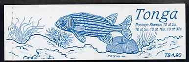 Tonga 1990 Marine Life 4$90 booklet (SG SB3d) front cover showing Holocentrus ruber (horiz striped fish) each pane handstamped WSP Ltd SPECIMEN across each pair of stamps, exceptionally rare publicity booklet