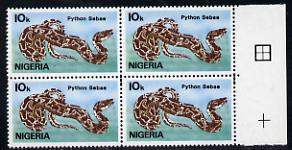 Nigeria 1986 Rock Python 10k in unmounted mint marginal block of 4 with inverted wmk (as SG 509)