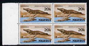 Nigeria 1986 Crocodile 20k in unmounted mint marginal block of 4 with inverted wmk (as SG 510)