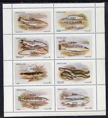 Nagaland 1973 Fish (Trout, Salmon, Sturgeon, Eels, etc) perf,set of 8 values opt'd FISH PRESERVATION 1973 unmounted mint