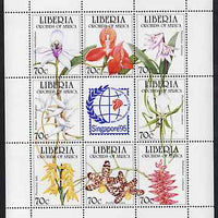 Liberia 1995 Orchids sheetlet containing complete set of 8 values plus Singapore '95 label, unmounted mint Mi 1631-38