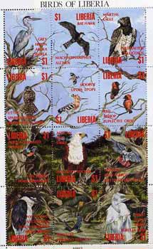 Liberia 1994 Birds sheetlet containing complete set of 12 values unmounted mint, Mi 1582-93