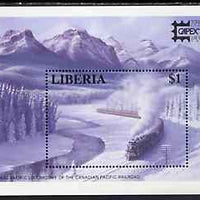 Liberia 1995 Capex '96 Stamp Exhibition unmounted mint m/sheet showing Canadian Pacific Railroad, Mi BL 148