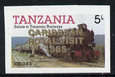 Tanzania 1985 Locomotive 3022 5s value (SG 430) unmounted mint imperf proof single with 'Caribbean Royal Visit 1985' opt doubled, one in silver, one in gold