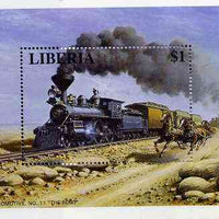 Liberia 1995 Locomotives $1 m/sheet (4-4-0 Loco No. 11 Reno with Stage Coach alongside) unmounted mint
