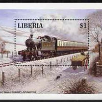 Liberia 1994 Locomotives $1 m/sheet (GWR 2-6-2 Small Prairie Loco in snow scene with Dog) unmounted mint